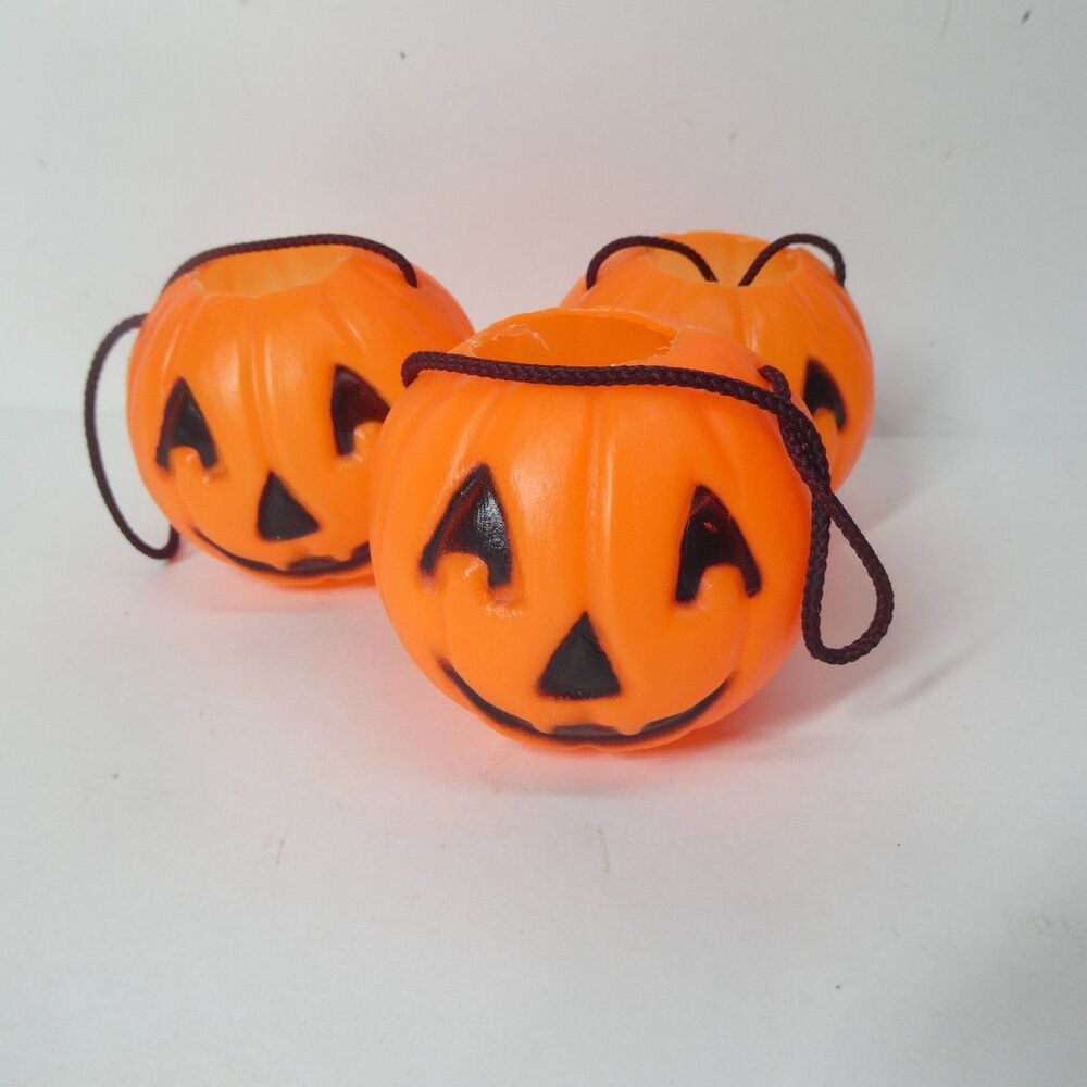 3 Mini Plastic Pumpkin Buckets Trick or Treat Halloween Jack o Lantern Blow Mold